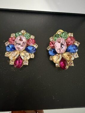 Multicolor Crystal Cluster Clip-On Earrings - Gold Tone